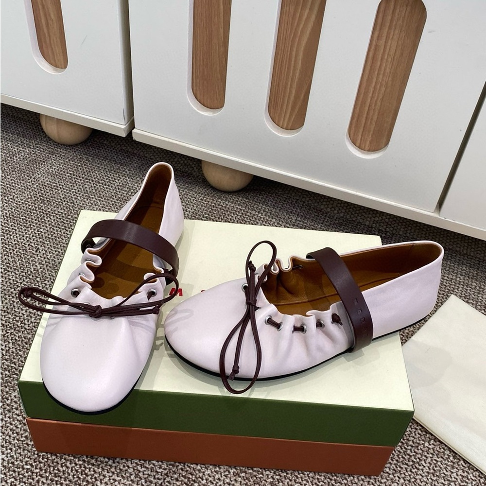Marni Pale Pink Leather Ballet Flats with Brown Strap and Laces